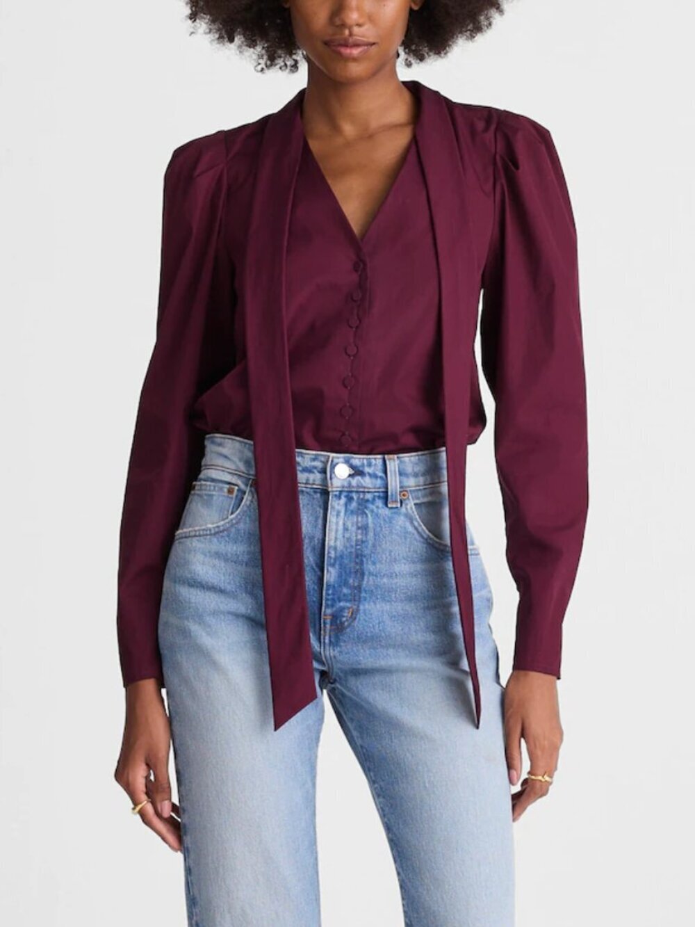 Madewell V-Neck Cotton Button Front Removeable Necktie Top Burgundy Size S NWOT